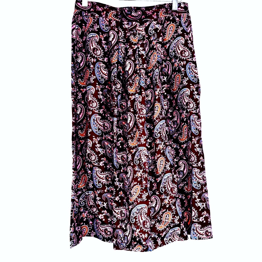 Claude Vintage Purple Paisley‎ Midi Skirt High Waist Pleated A-Line Side Button
